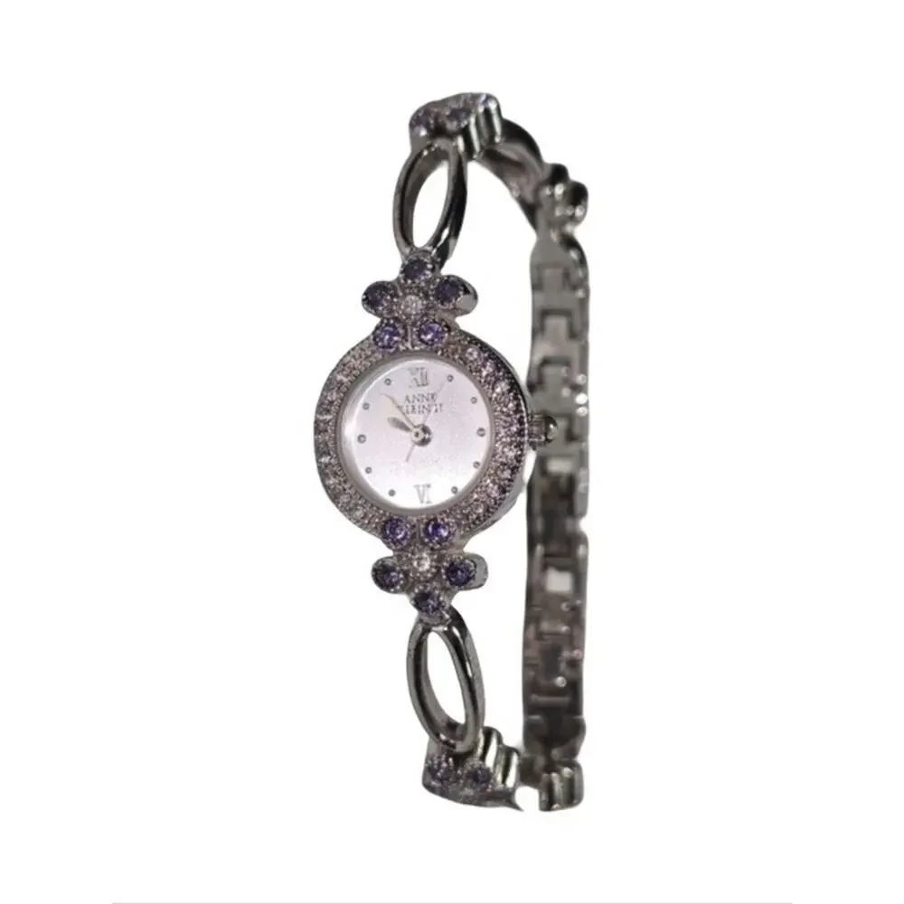 Anne Klein II Silver Tone Crystal Floral Bracelet Watch Purple Accents Dressy